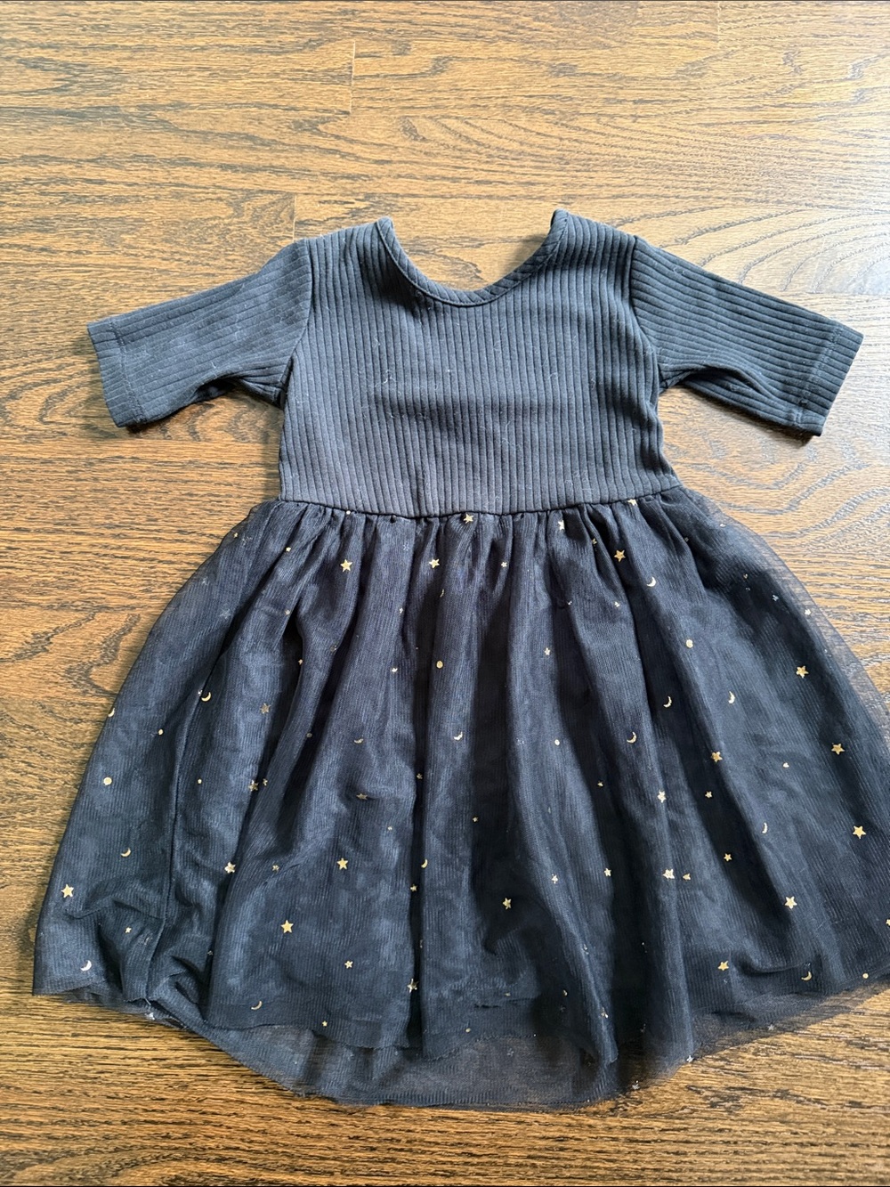 Hanna Andersson Halloween Black Dress with Tulle skirt with Gold Stars and Moons